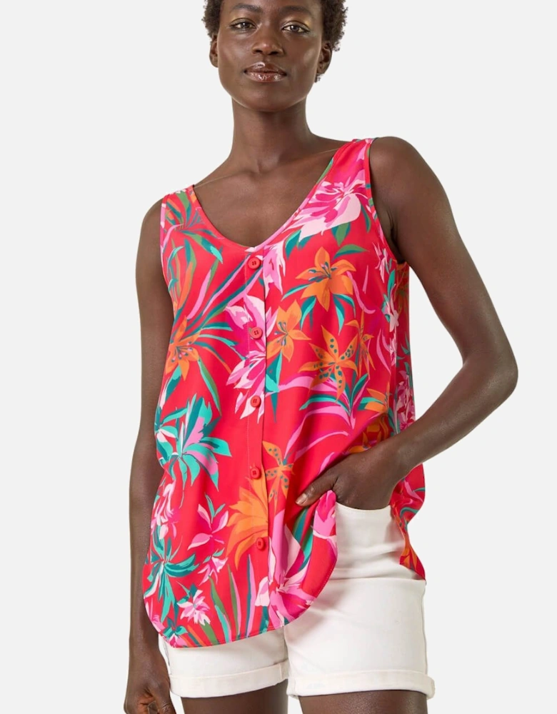 Tropical Print V-Neck Button Cami Top
