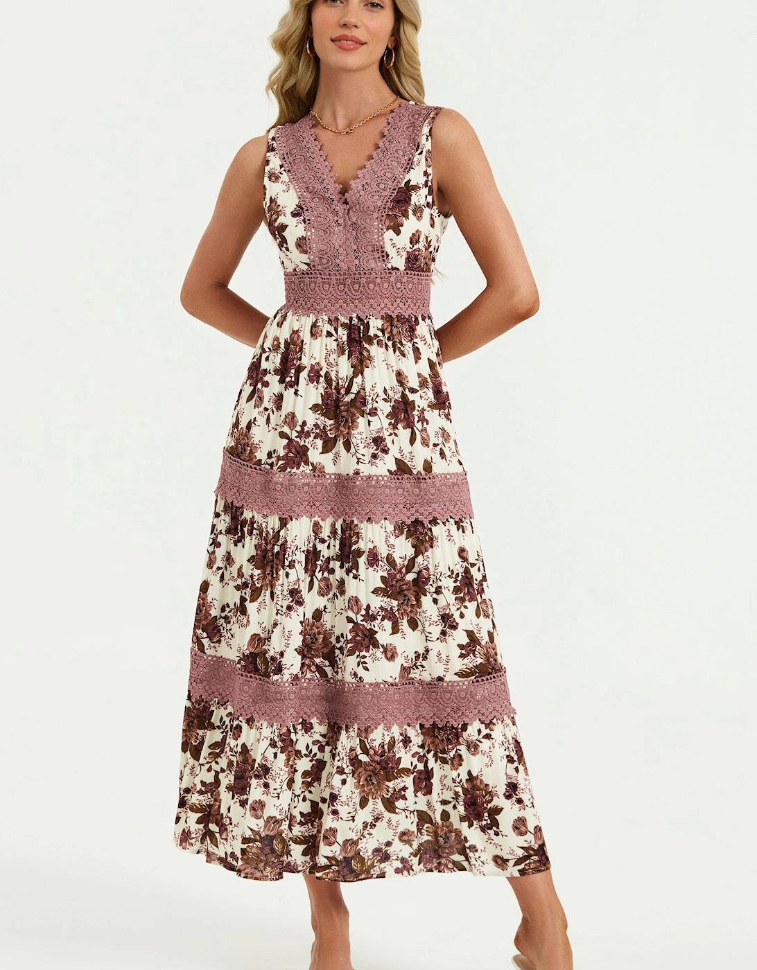 Floral Print Lace Detail Maxi Dress In Off White, 2 of 1