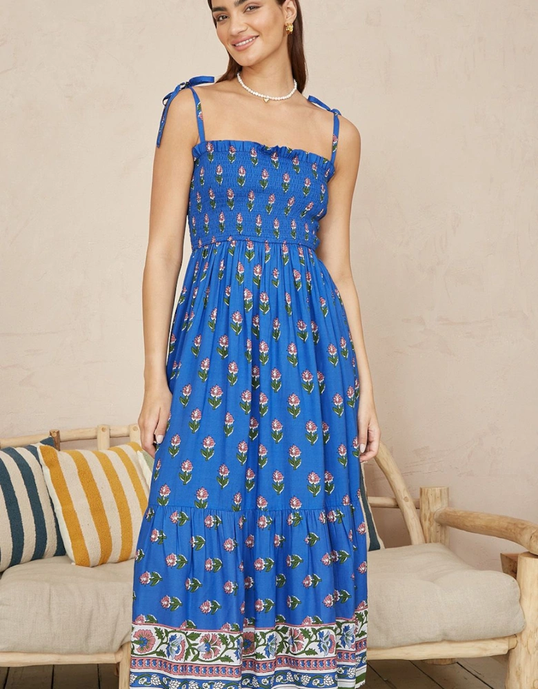 Blue Strappy Paisley Print Midi Dress With Ruched Bodice