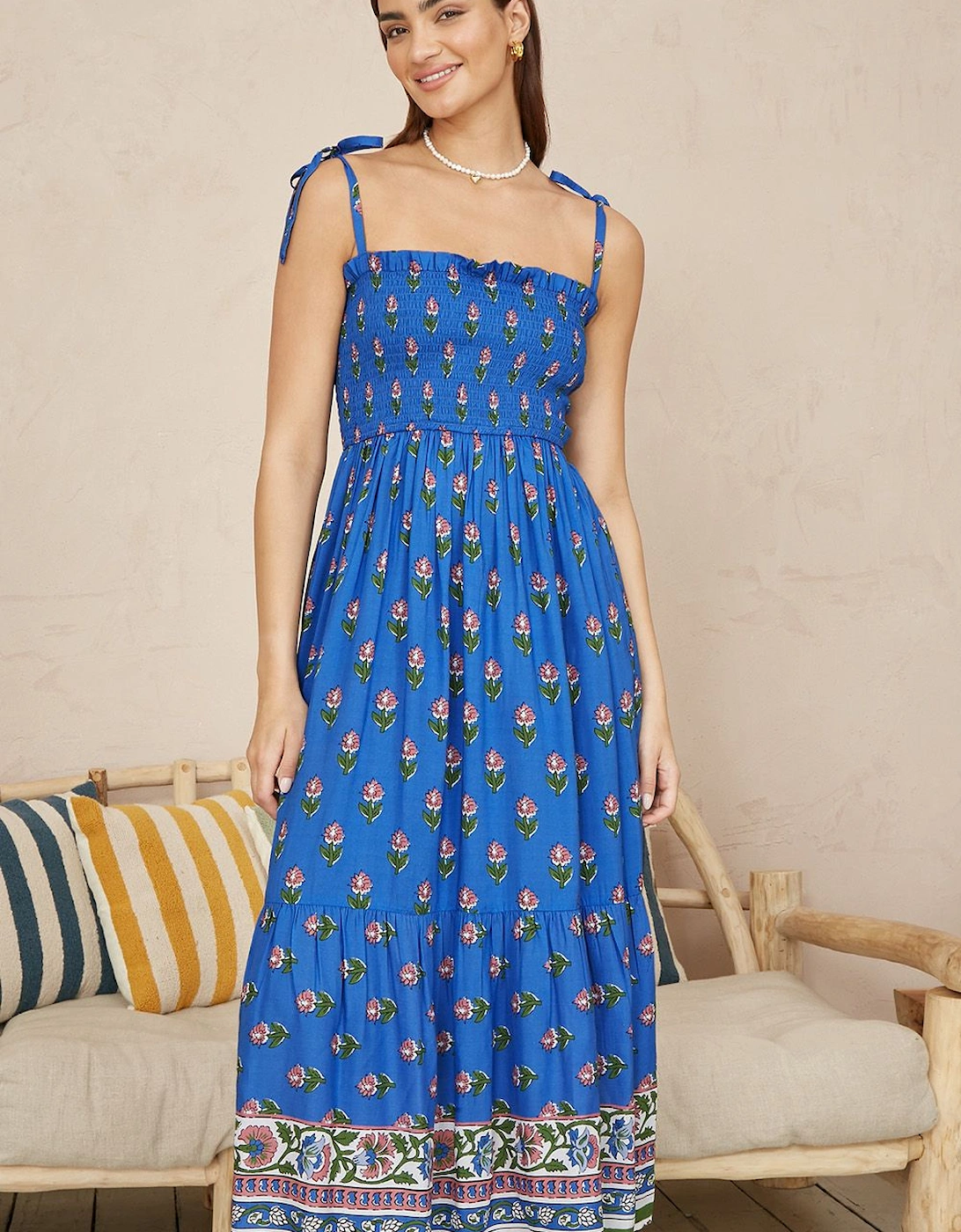Blue Strappy Paisley Print Midi Dress With Ruched Bodice, 2 of 1