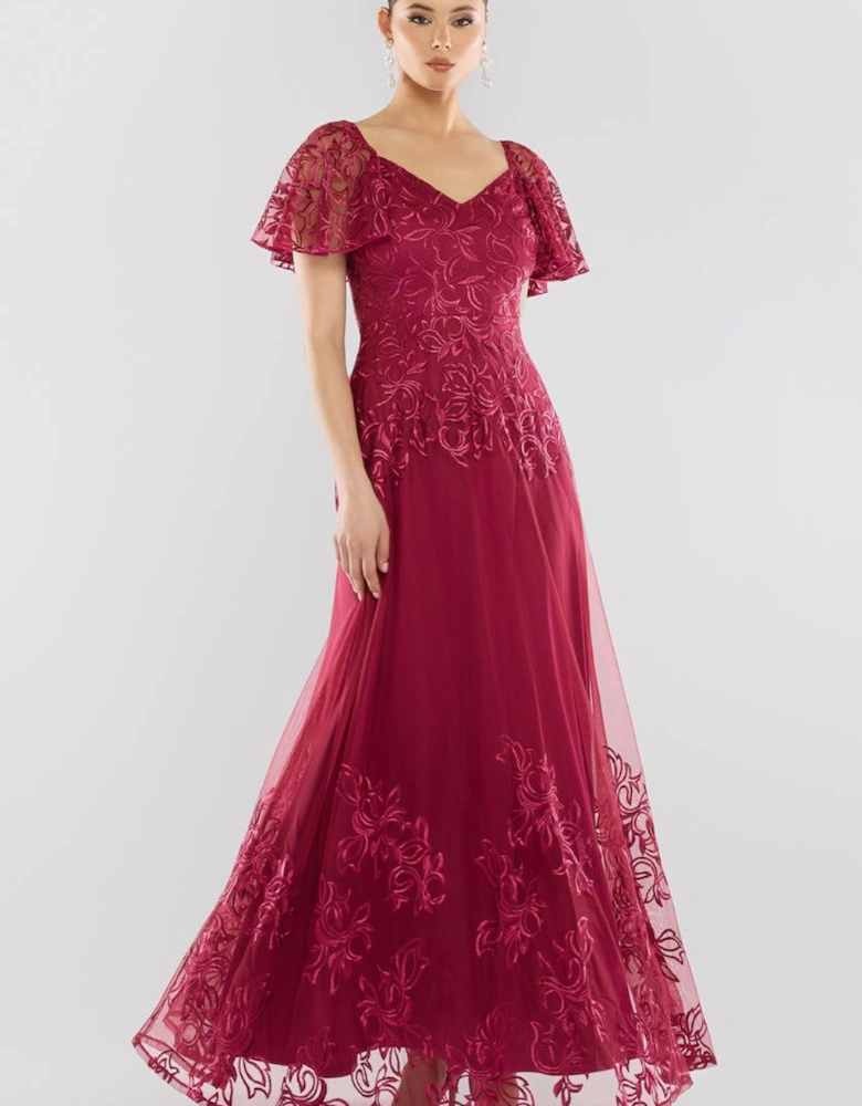 Lace Flutter Sleeve Embroidered Mesh A Line Maxi Dress