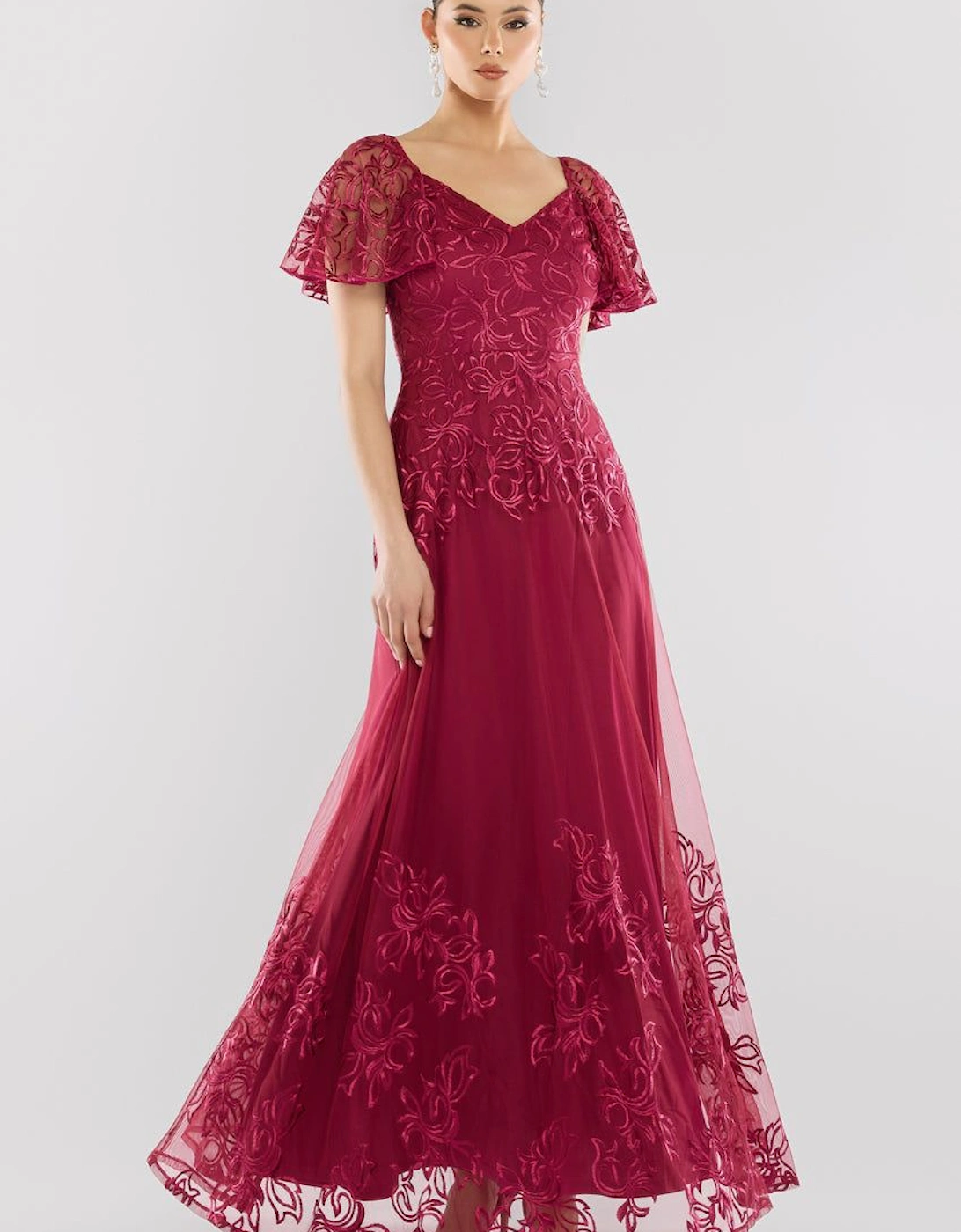 Lace Flutter Sleeve Embroidered Mesh A Line Maxi Dress, 2 of 1