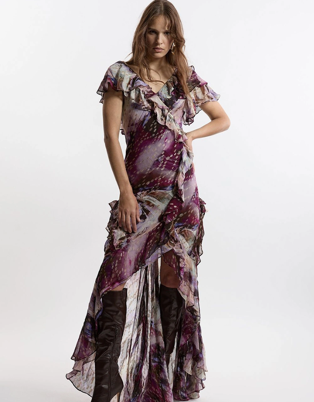 Ruffle Detail Metallic Thread Maxi Dress, 2 of 1