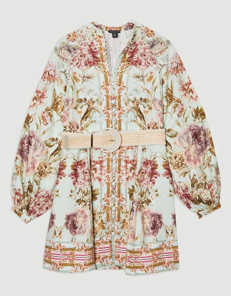 Mirrored Floral Viscose Linen Mini Dress