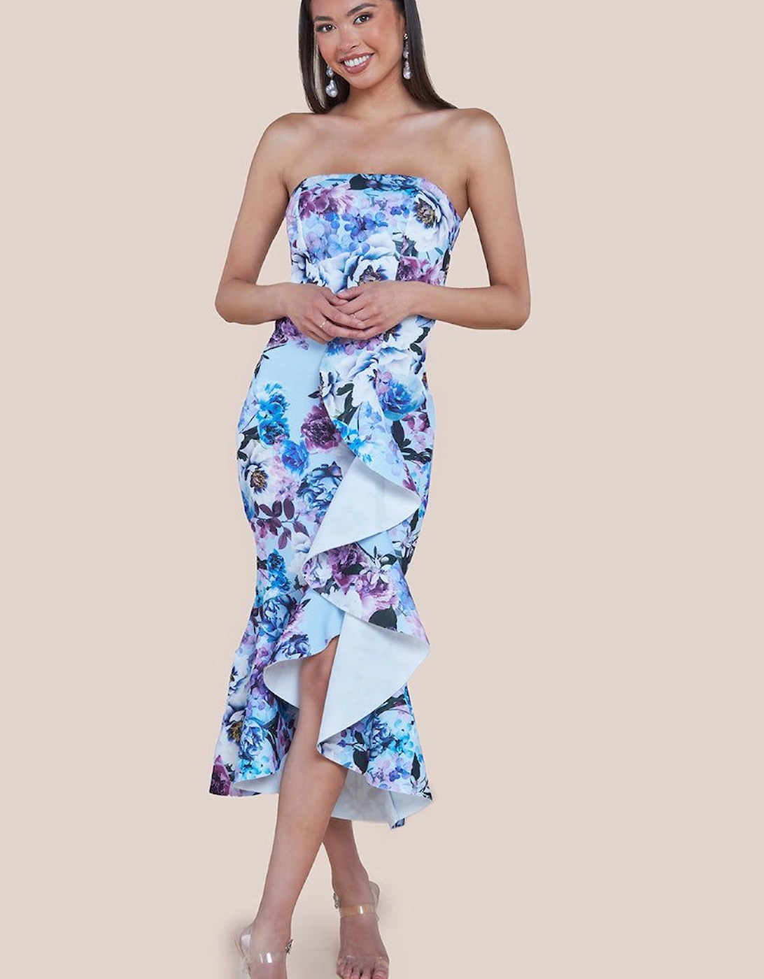 Ruffled Floral Scuba Foam Bandeau Midi Dress, 2 of 1