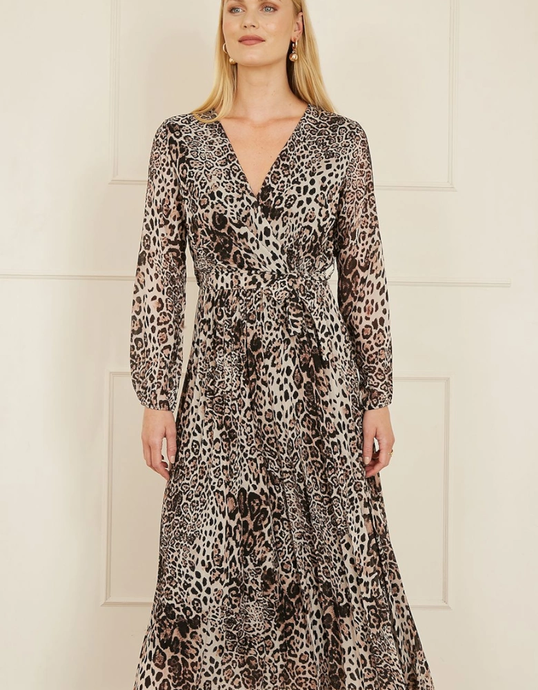 Brown Leopard Print Pleated Long Sleeve Wrap Midi Dress