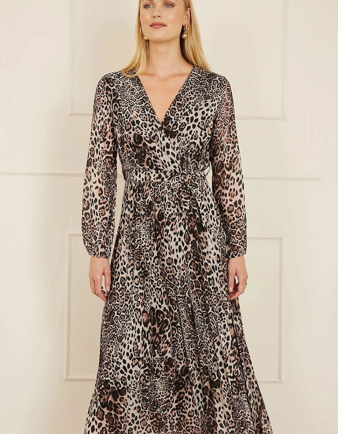 Brown Leopard Print Pleated Long Sleeve Wrap Midi Dress, 2 of 1