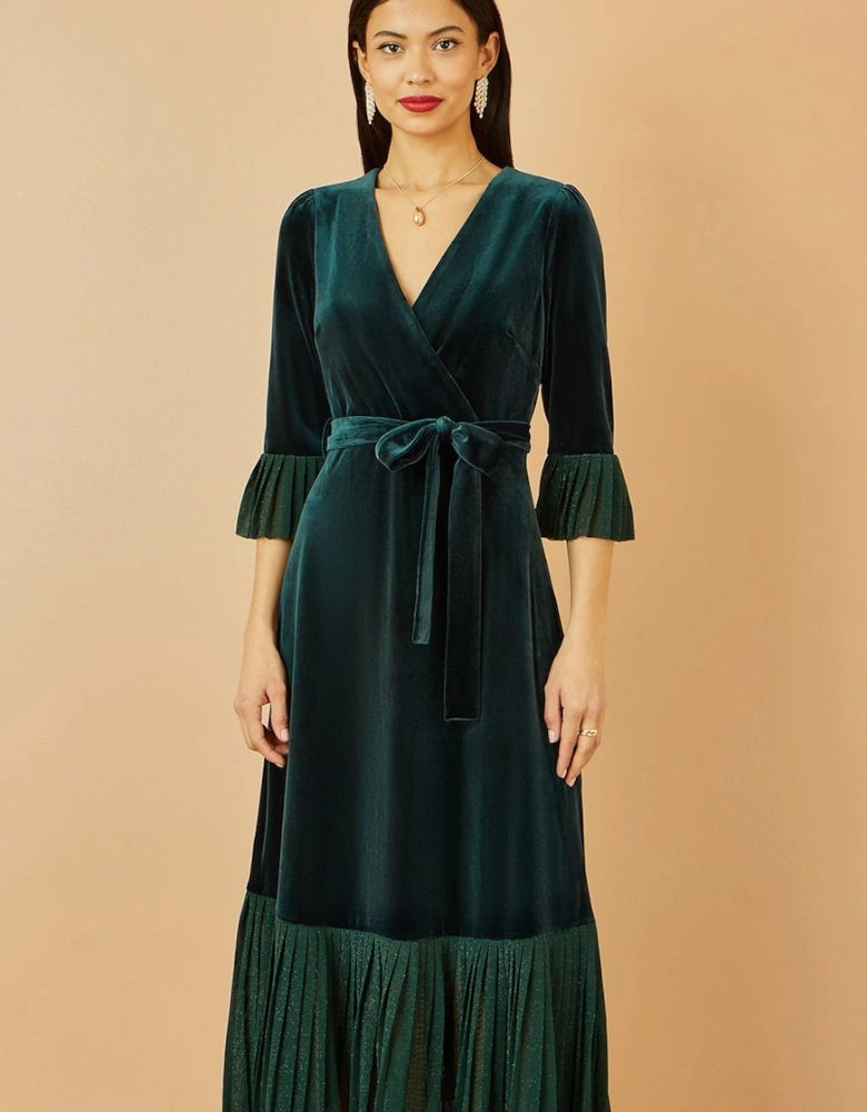 Green Velvet Wrap Midi Dress With Contrast Hemline