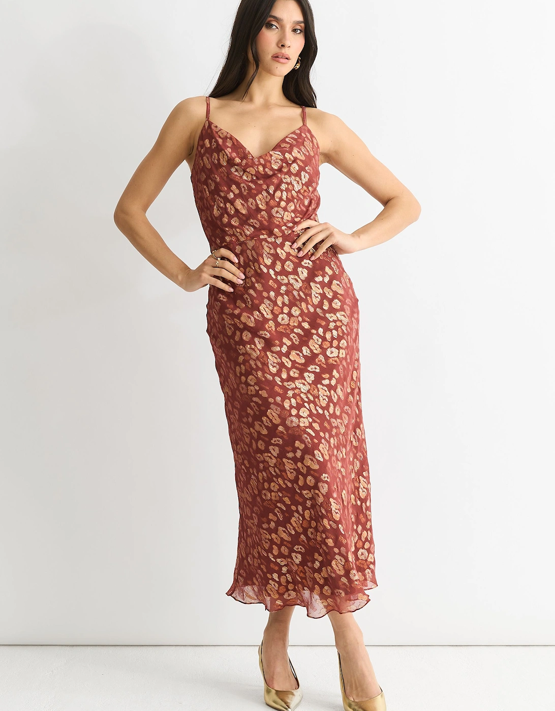 Brown Viscose Animal Jacquard Cowl Midi Dress, 2 of 1