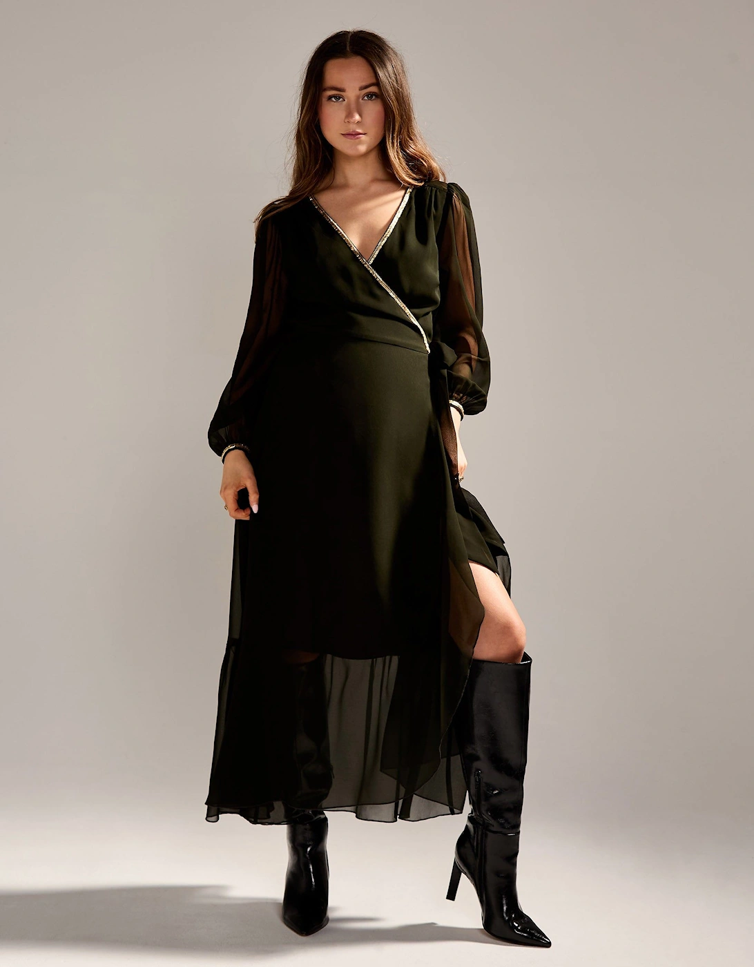 Monica Khaki wrap Maxi Dress, 2 of 1