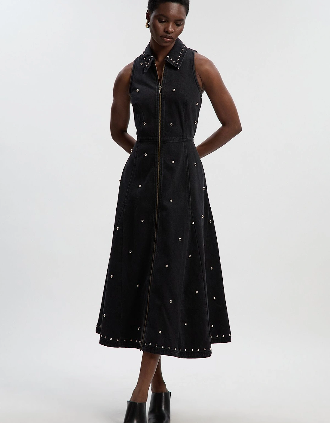 Denim Studded Sleeveless Midi Dress, 2 of 1