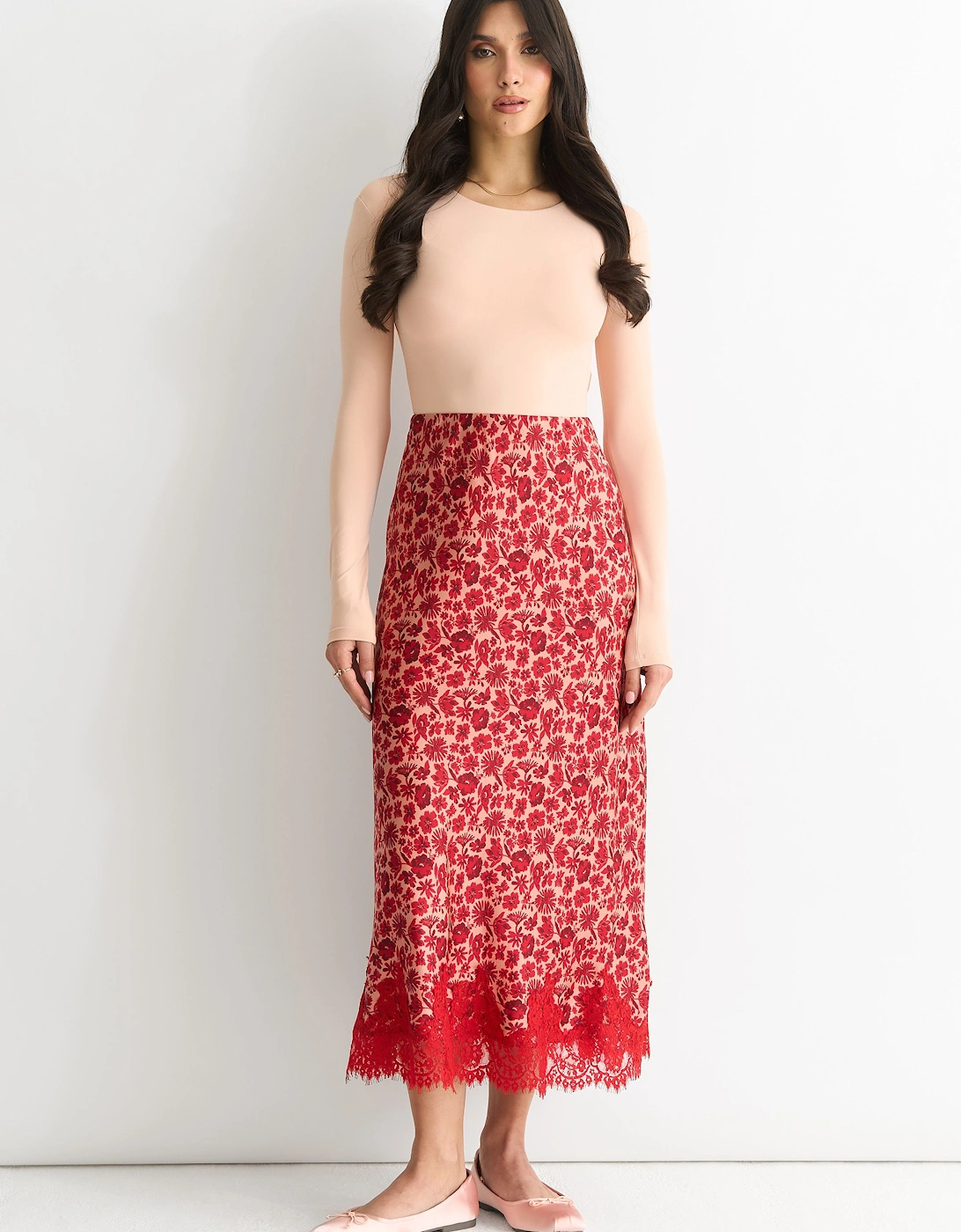 Red Floral Lace Trim Bias Midi Skirt, 2 of 1