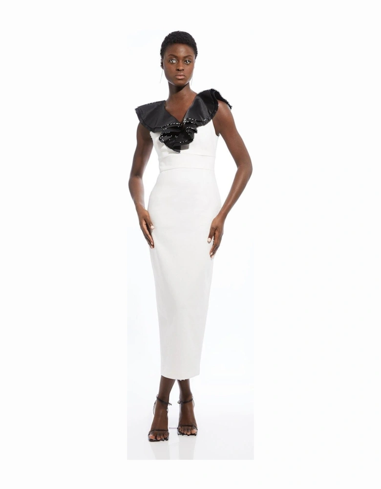 Compact Stretch Taffeta Ruffle Tailored Midi Dress