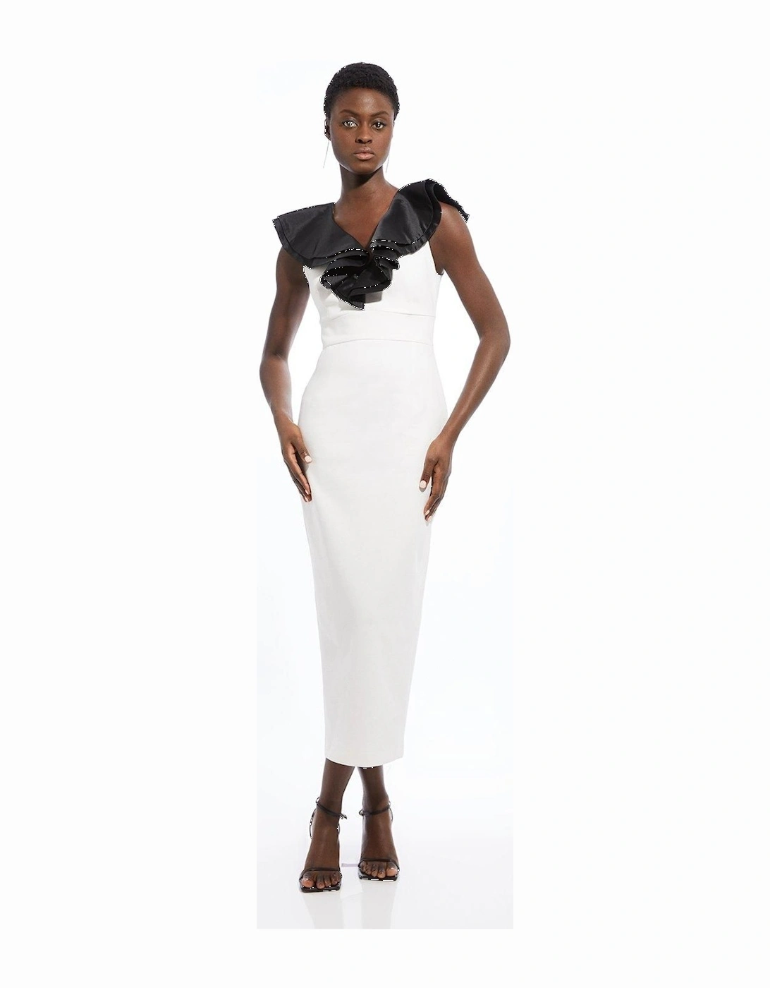Compact Stretch Taffeta Ruffle Tailored Midi Dress, 2 of 1