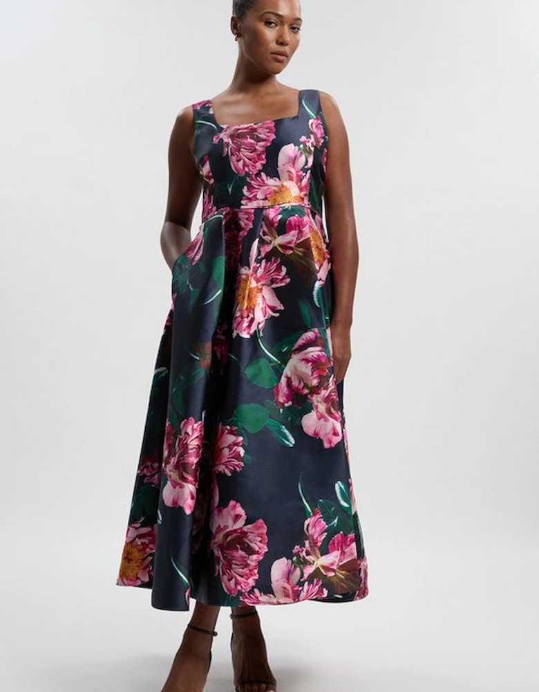 Plus Size Romantic Floral Print Prom Woven Maxi Dress