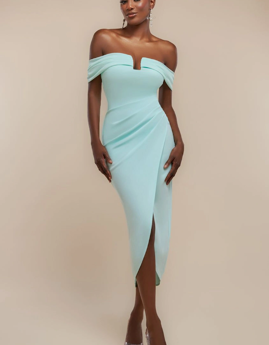 Off The Shoulder Chiffon Wing Scuba Crepe Midi Dress, 2 of 1