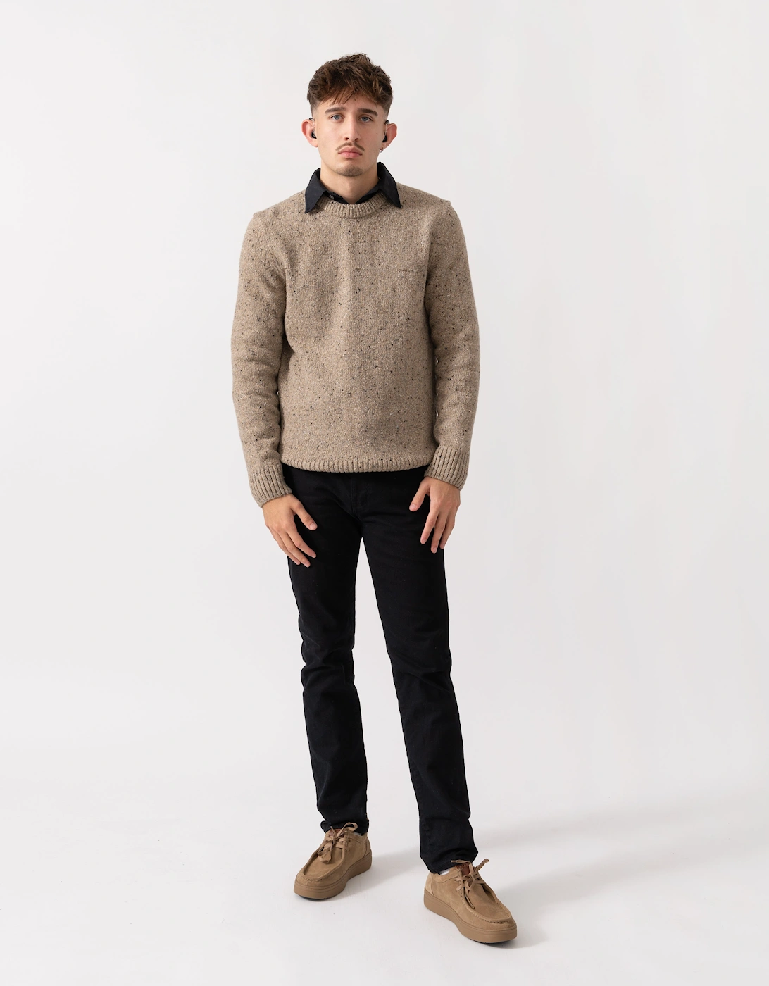 Gant Men's Tan Wool Blend Neps Crew Neck Jumper - 295 Dark Sand Melange - Size: 42