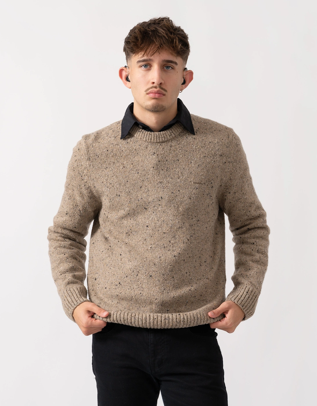 Mens Wool Blend Neps Crew Neck Jumper - 295 Dark Sand Melange