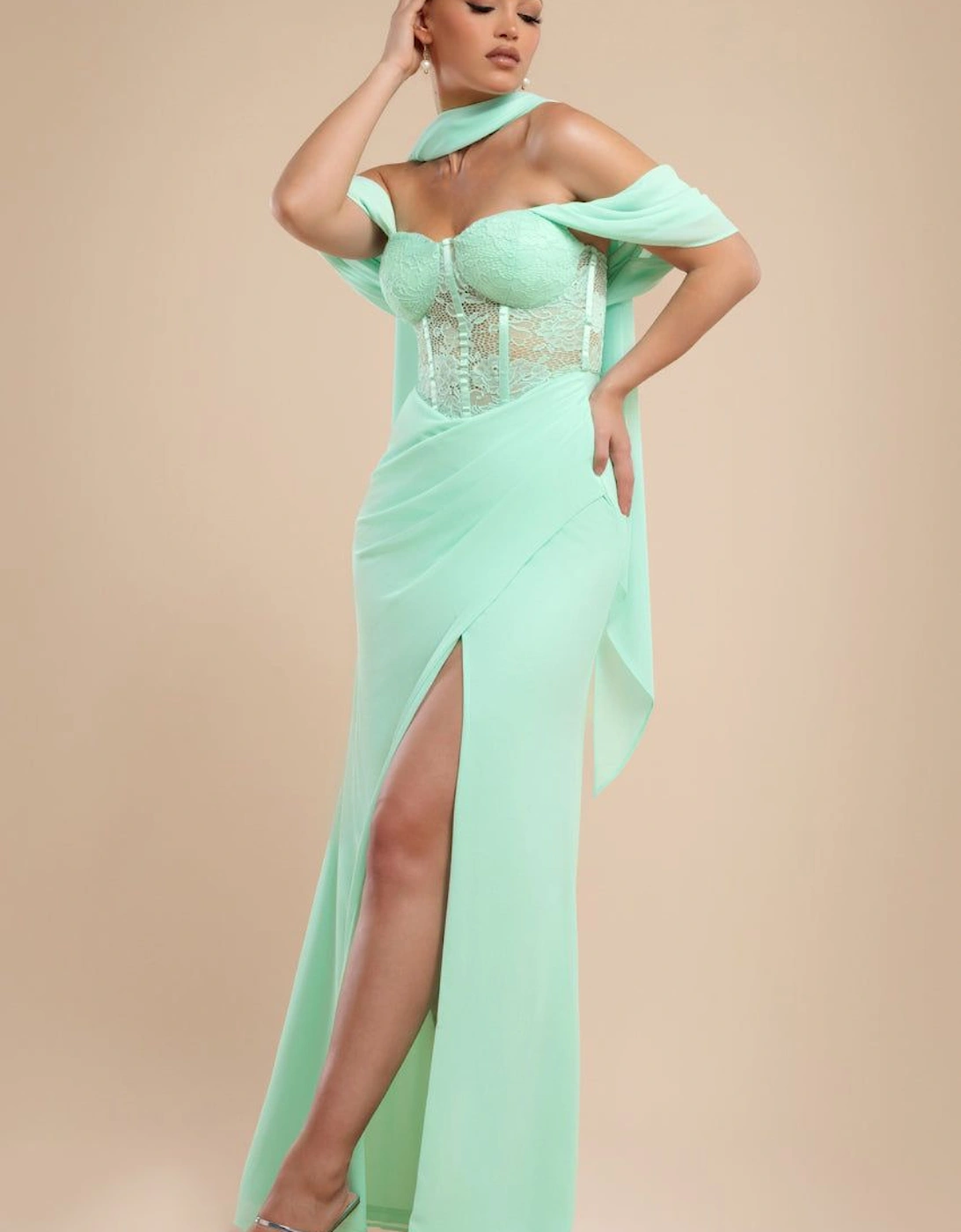 Scalloped Lace & Chiffon Winged Corset Bodice Maxi Dress, 2 of 1