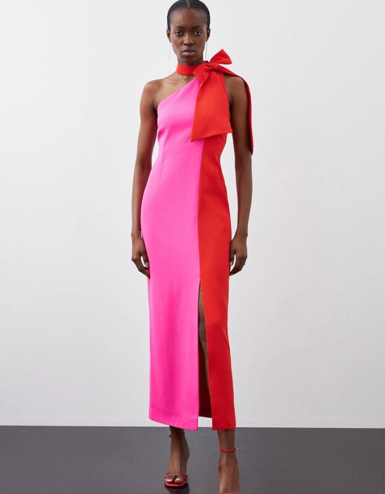Soft Tailored Colour Block Bow Tie Neck Midi Dress