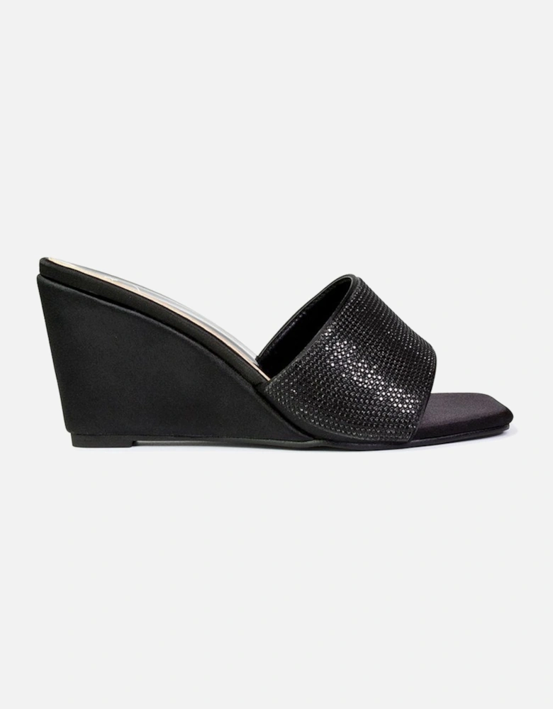 'Eliza' Slip On Mule Diamante Sandal Wedge Heels With Square Toe
