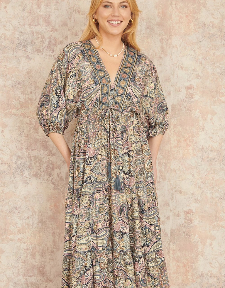 Multicolour Paisley Print Midi Kimono Dress With Tie Back