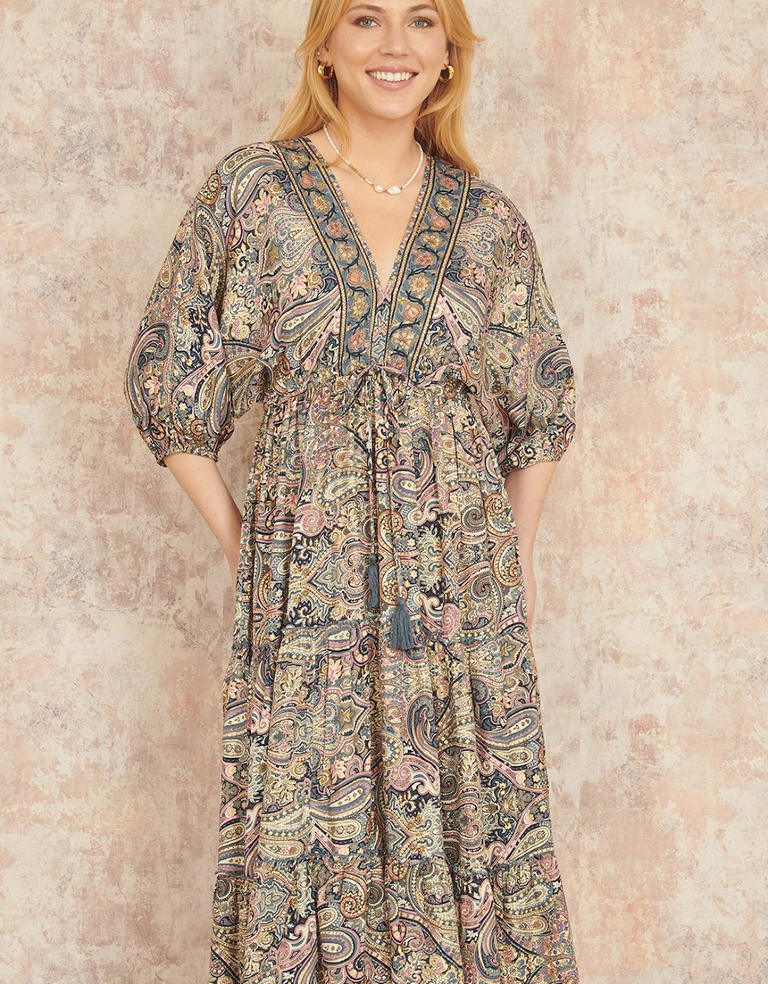 Multicolour Paisley Print Midi Kimono Dress With Tie Back, 2 of 1