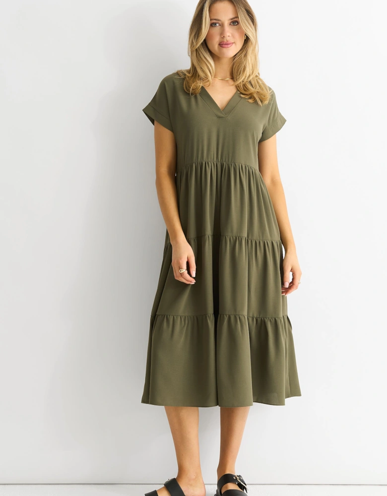Khaki V Neck Pocket Smock Midi Dress