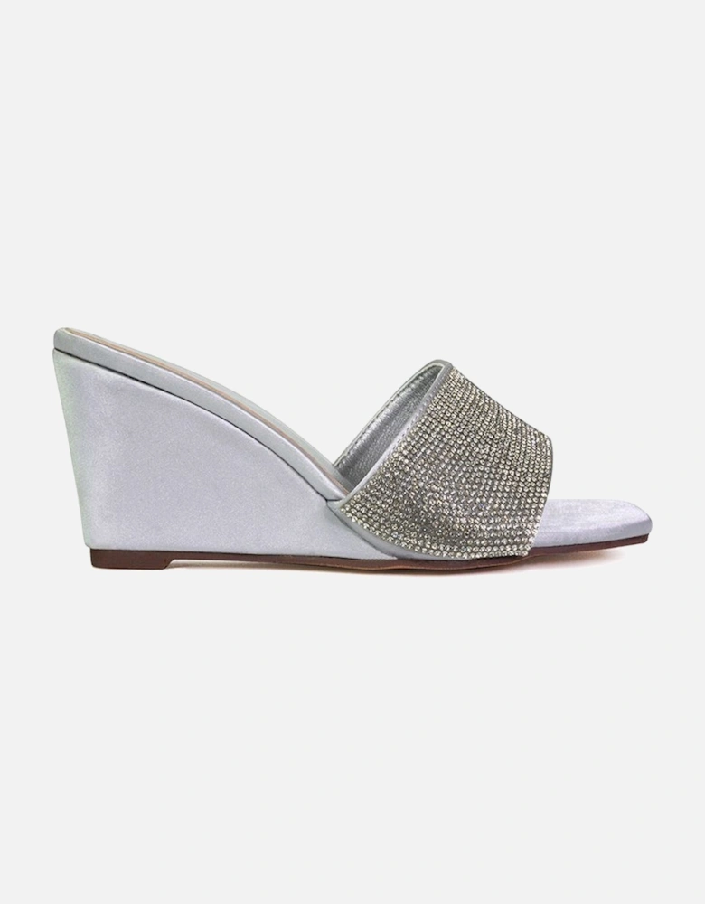 'Eliza' Slip On Mule Diamante Sandal Wedge Heels With Square Toe