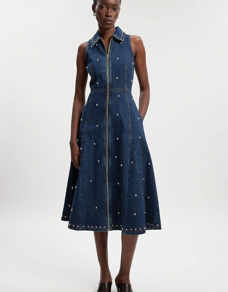 Denim Studded Sleeveless Midi Dress