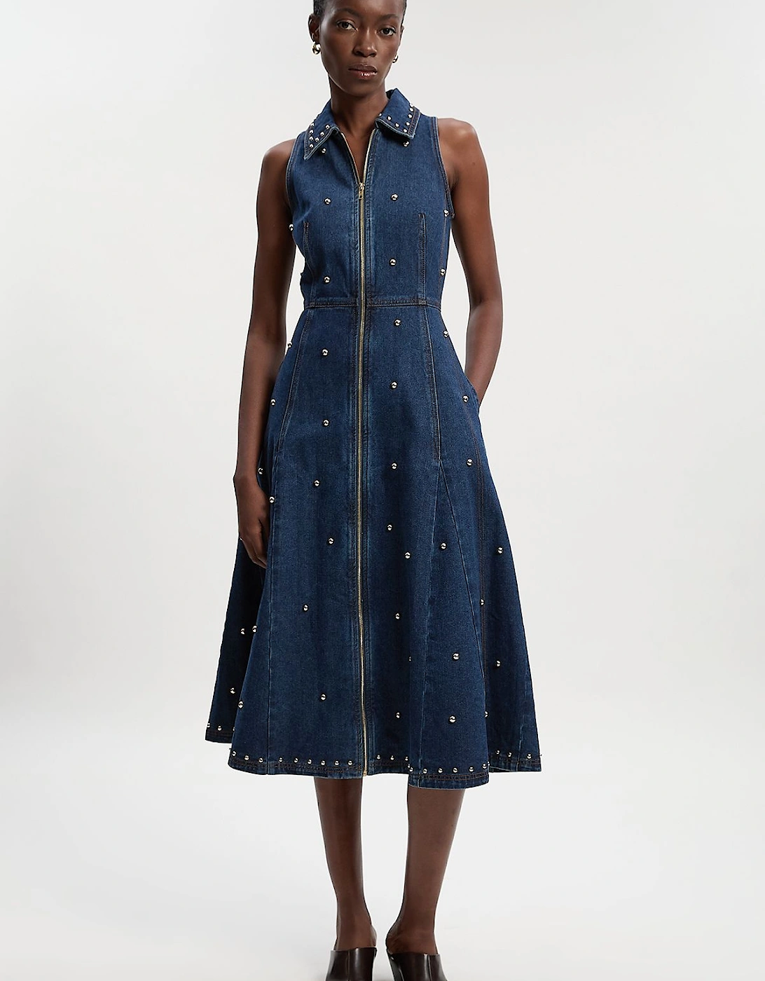 Denim Studded Sleeveless Midi Dress, 2 of 1