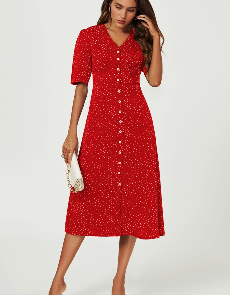 Black Little Floral Print Midi Dress with Front Button Closure