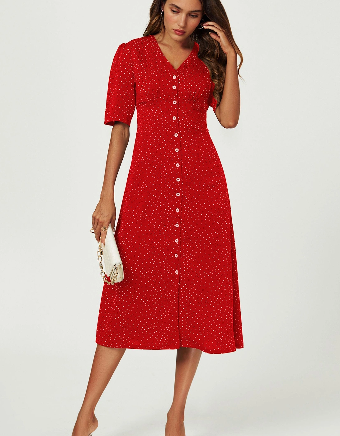 Black Little Floral Print Midi Dress with Front Button Closure, 2 of 1