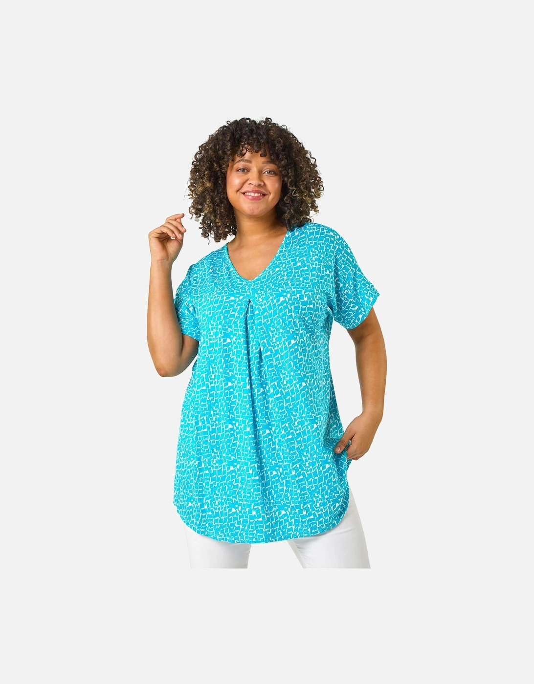 Curve Pleat Front Printed V-Neck Stretch Top, 2 of 1