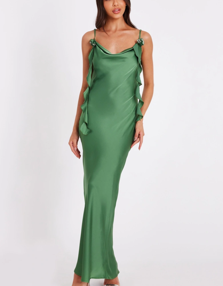 Green Satin Corsage Midaxi Dress