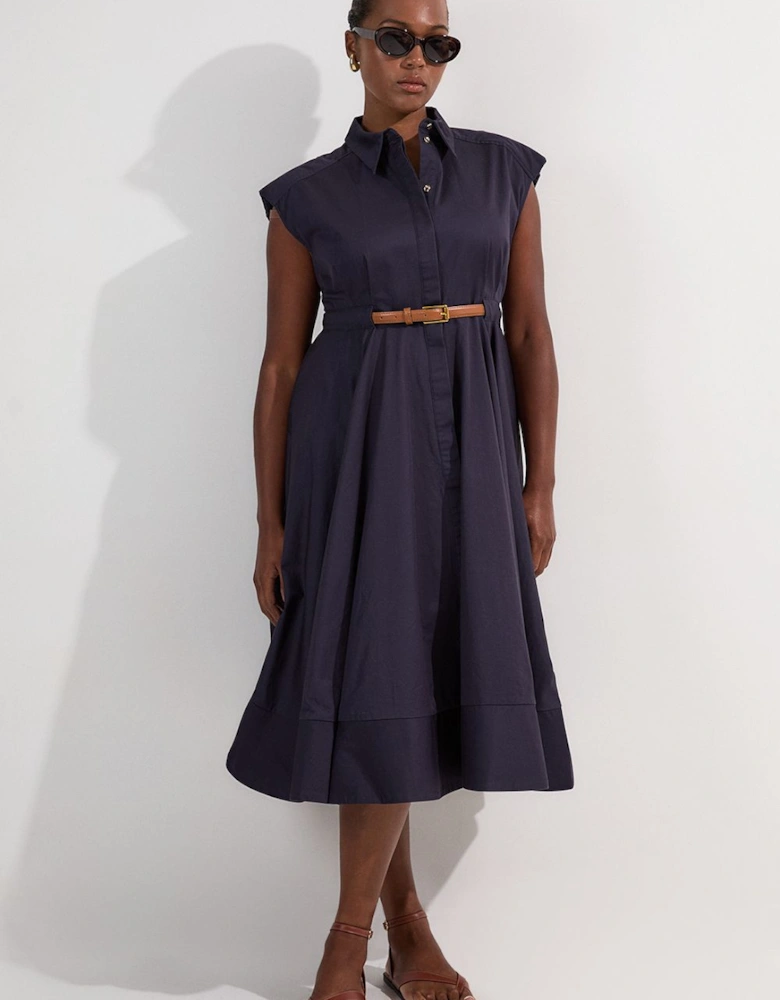 Plus Size Tailored Cotton Belted Collared Full Midi Dress