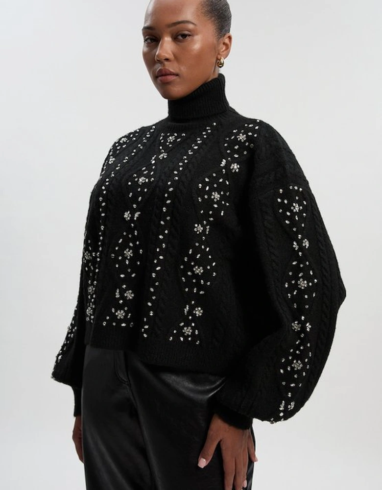 Plus Size Wool Blend Embellished Cable Knit Jumper