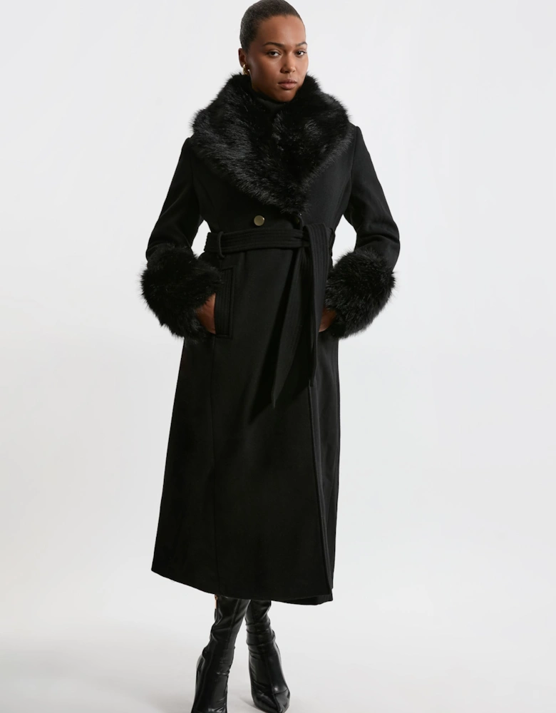 Plus Size Wool Blend Detachable Faux Fur Belted Midi Coat