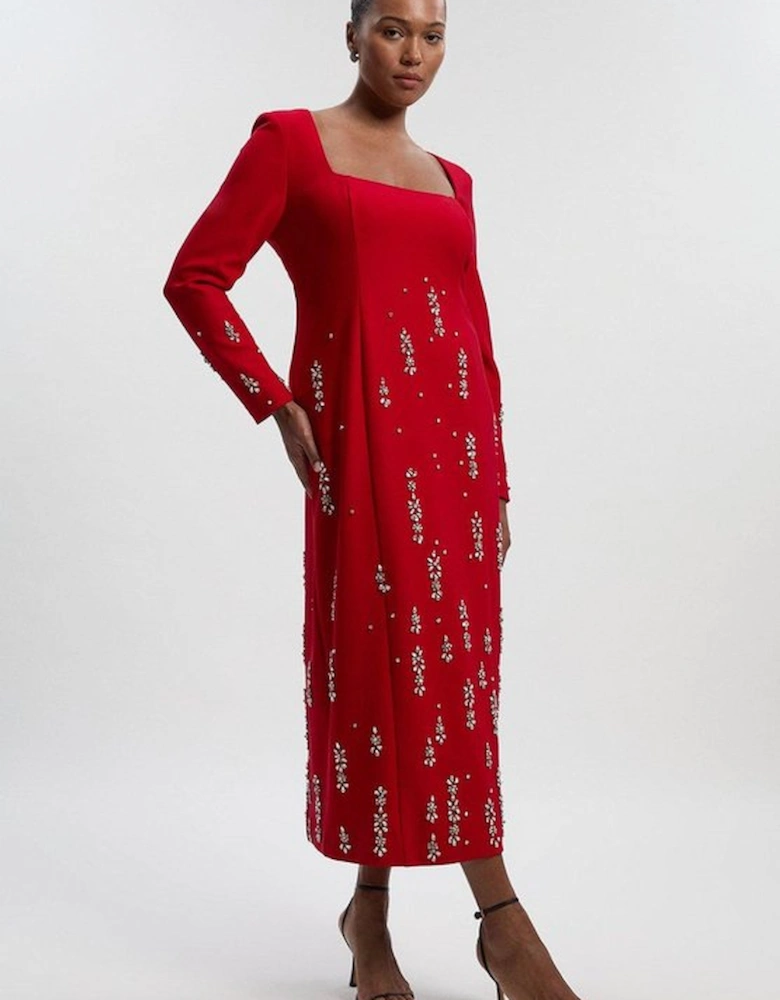 Plus Size Crystal Embellished Scuba Crepe Bandeau Midi Dress