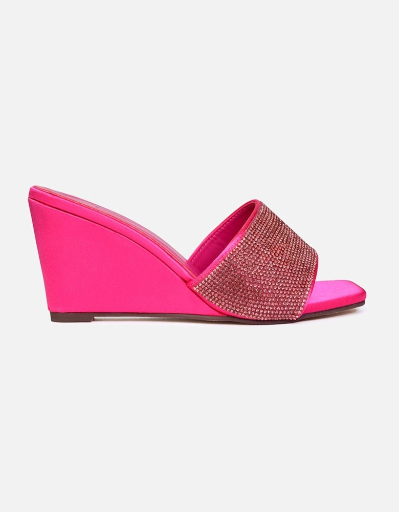 'Eliza' Slip On Mule Diamante Sandal Wedge Heels With Square Toe
