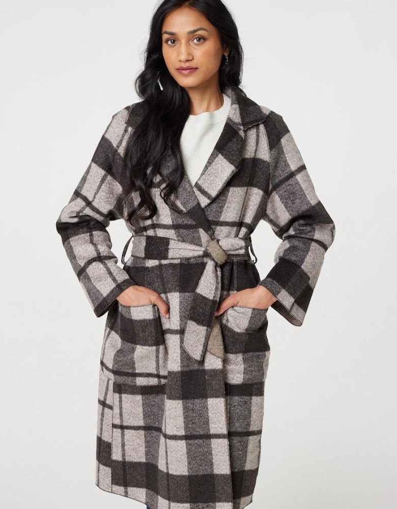 Checked Longline Coat with Belt