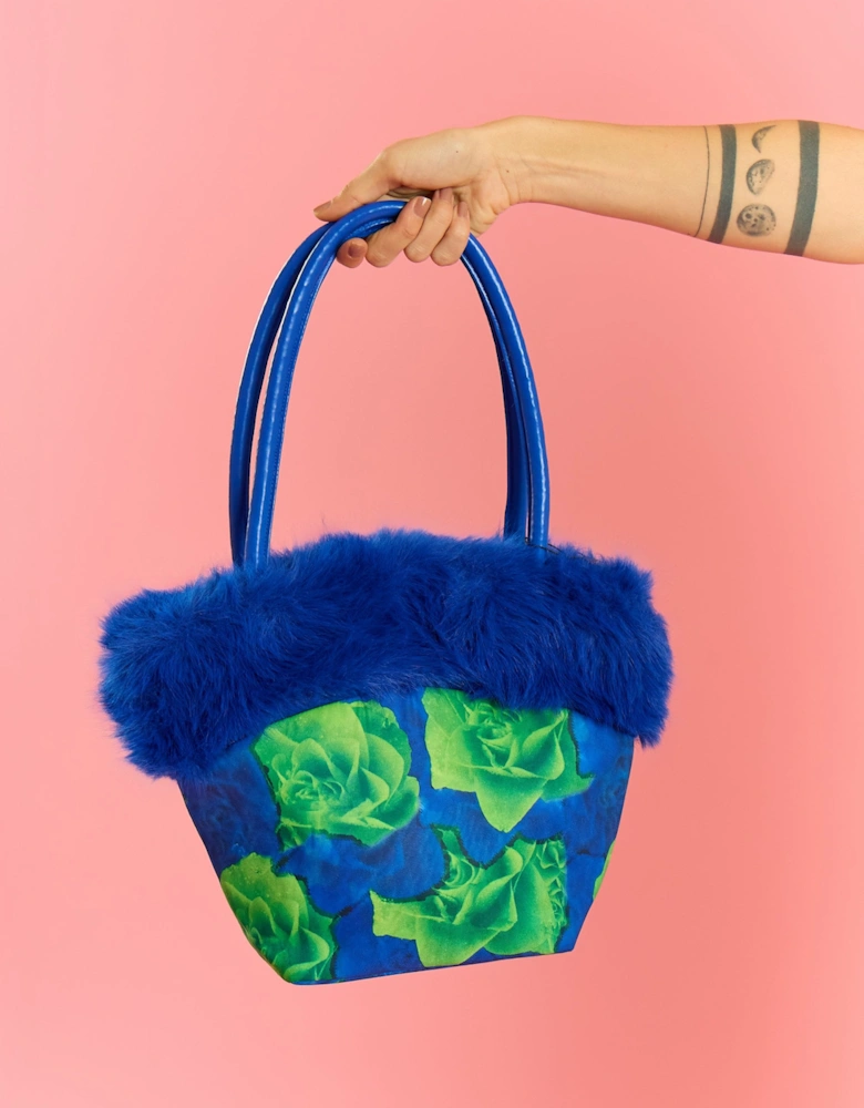 Blue and Green Bamboo Faux Fur Trim Bag