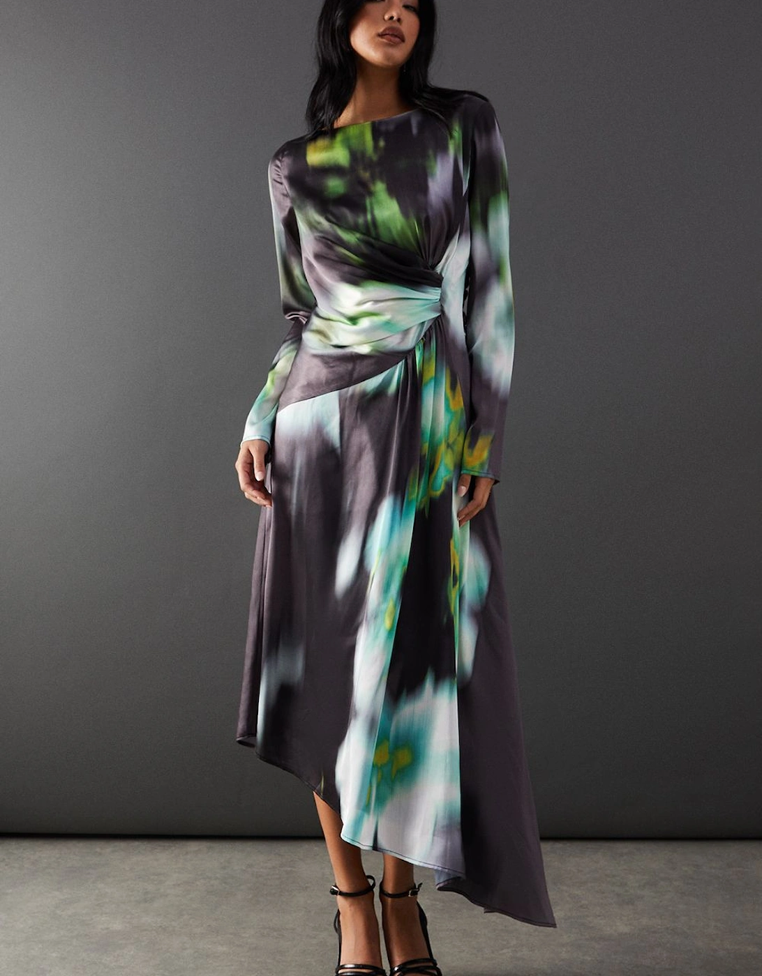 Printed Satin Knot Front Asymmetric Hem Midi Dress, 2 of 1