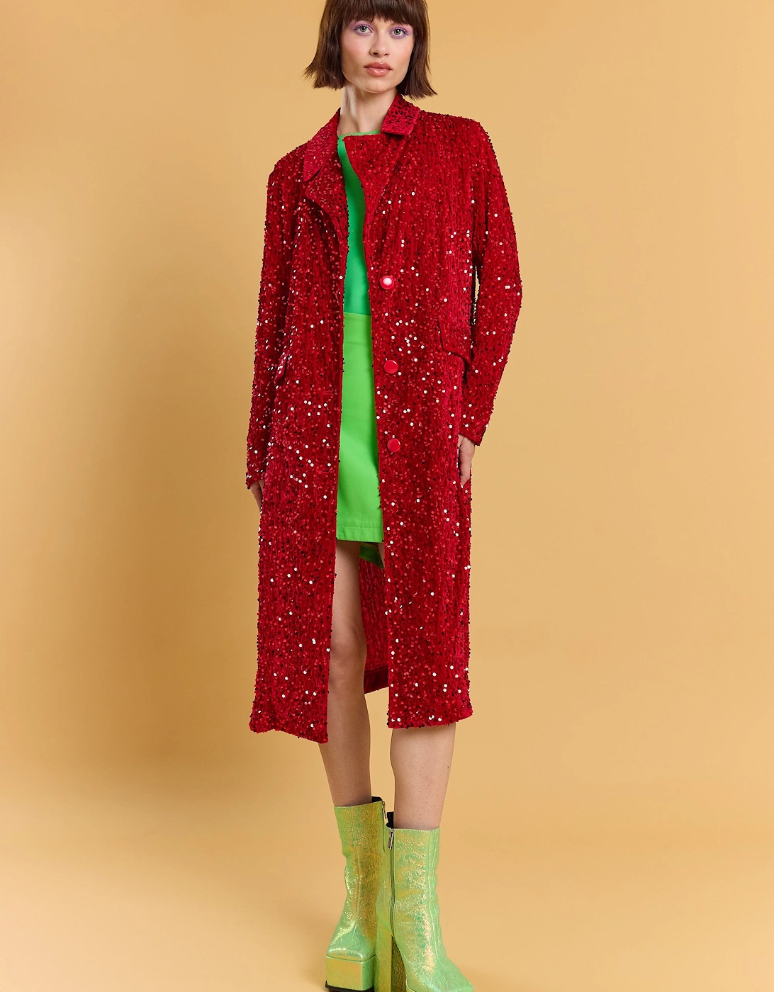 Red Bamboo Sequins Velvet Maxi Coat