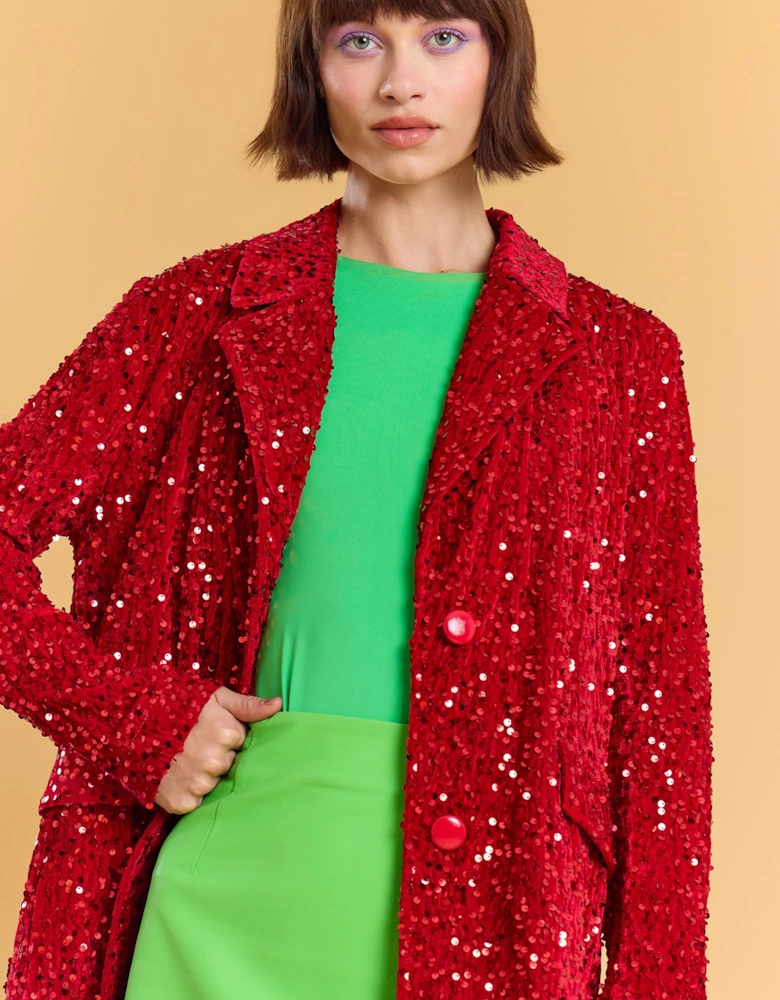 Red Bamboo Sequins Velvet Maxi Coat
