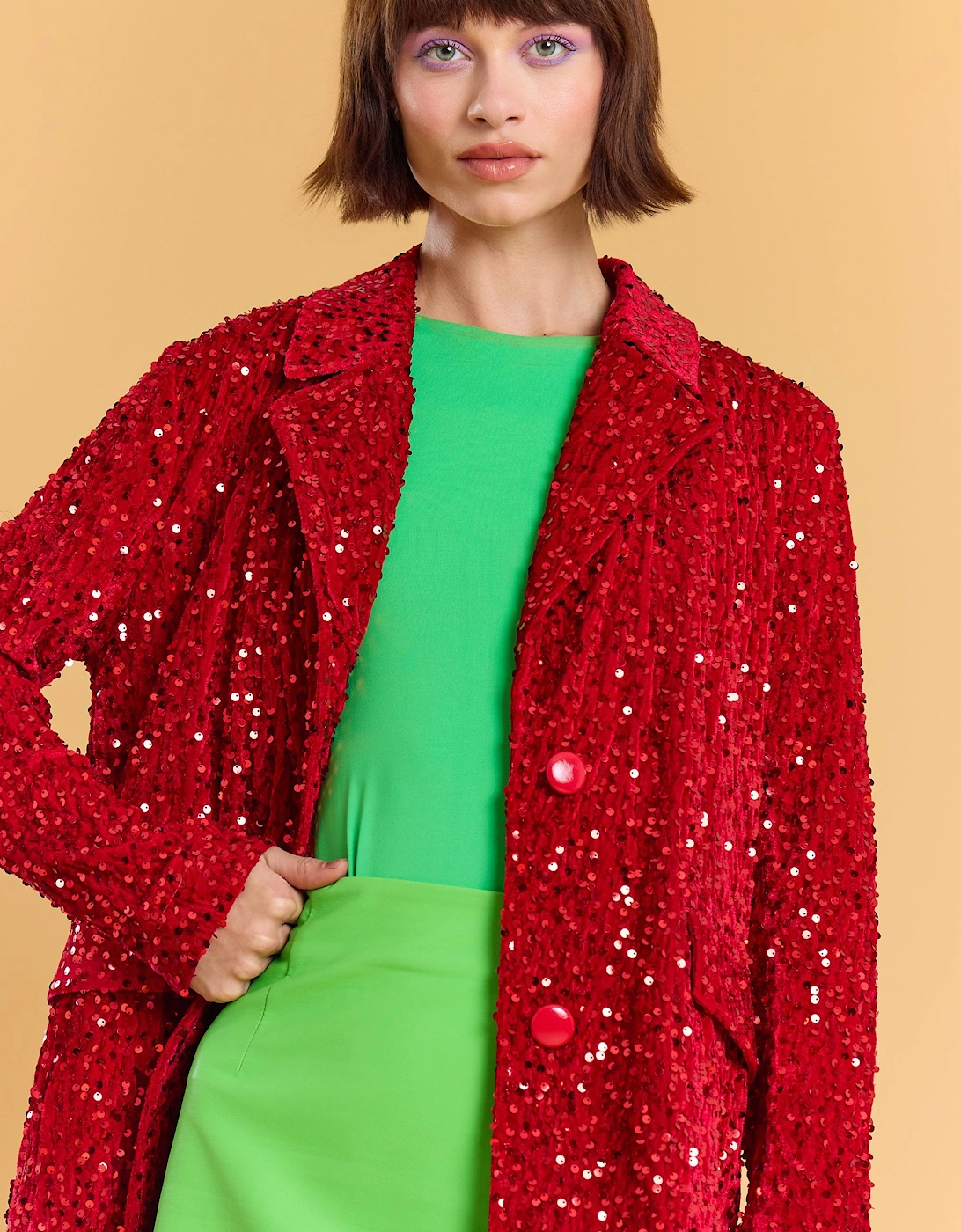 Red Bamboo Sequins Velvet Maxi Coat