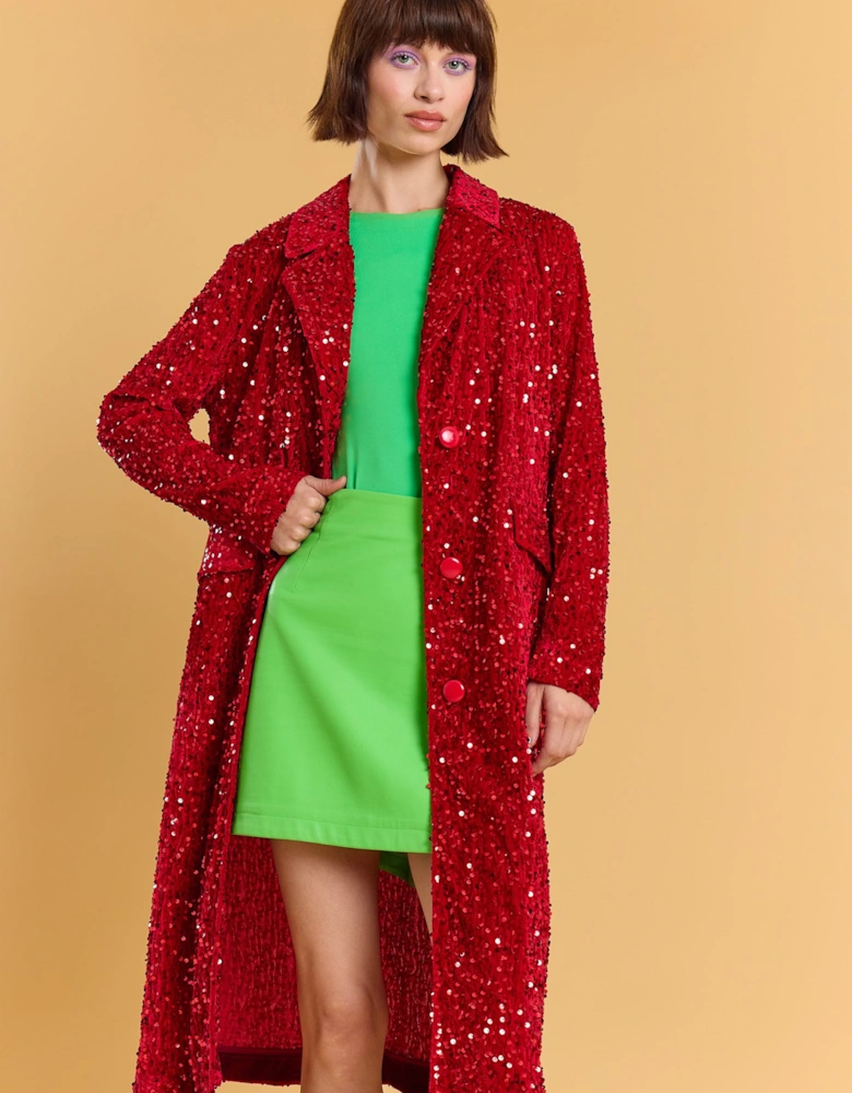 Red Bamboo Sequins Velvet Maxi Coat