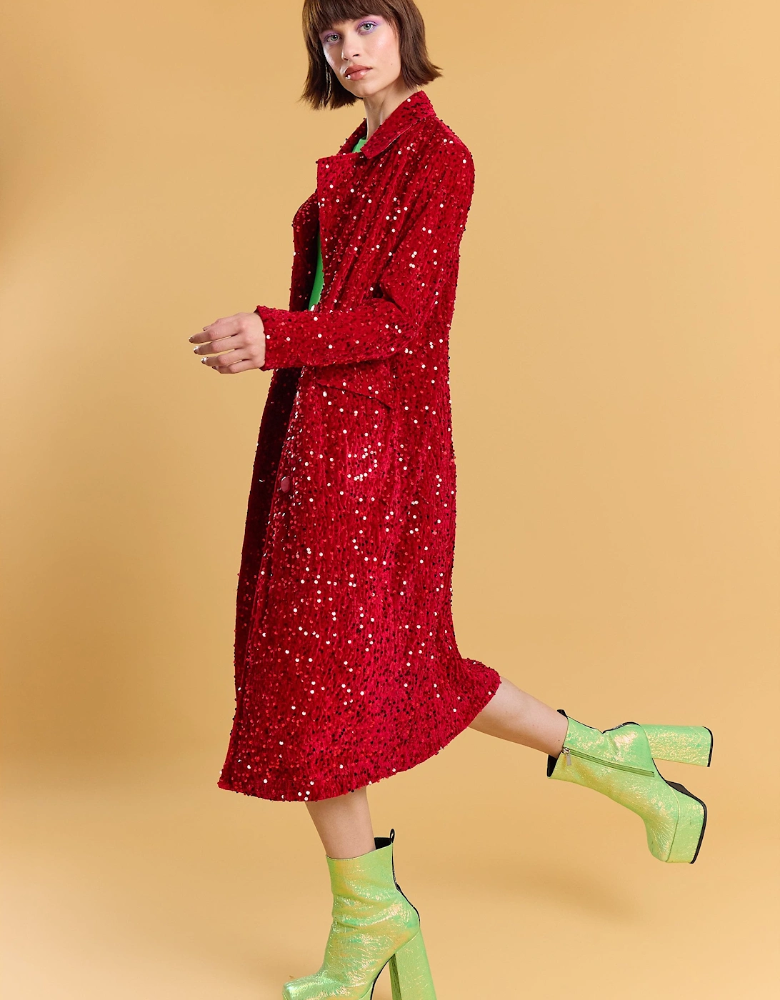 Red Bamboo Sequins Velvet Maxi Coat, 5 of 4