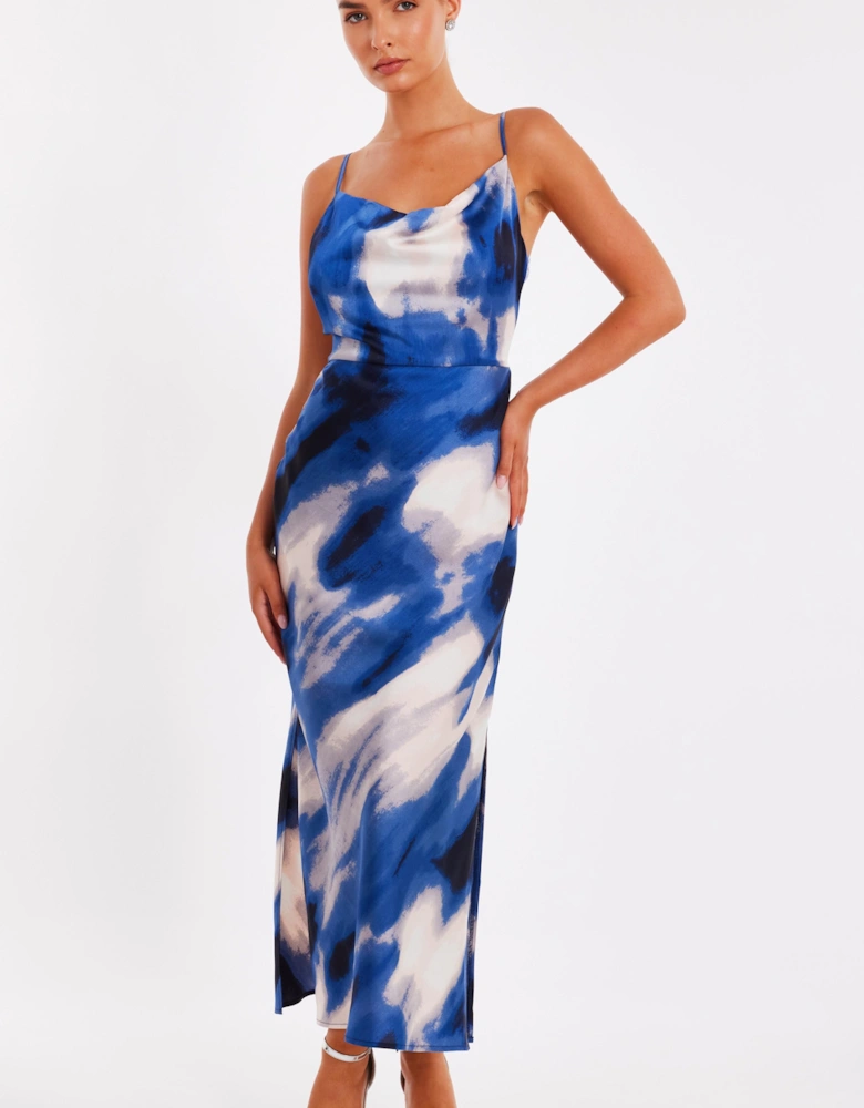 Blue Satin Marble Midaxi Dress