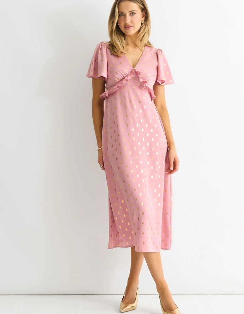 Blush Metallic Foil V Neck Midi Dress